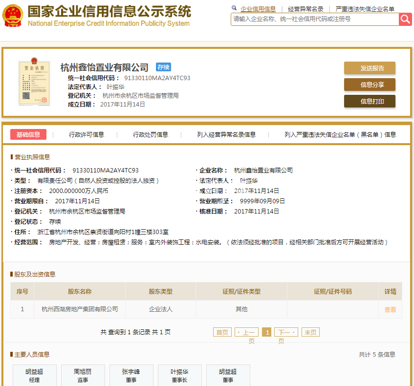 杭州鑫怡置业有限公司（西房杭语宸鹭院）营业执照