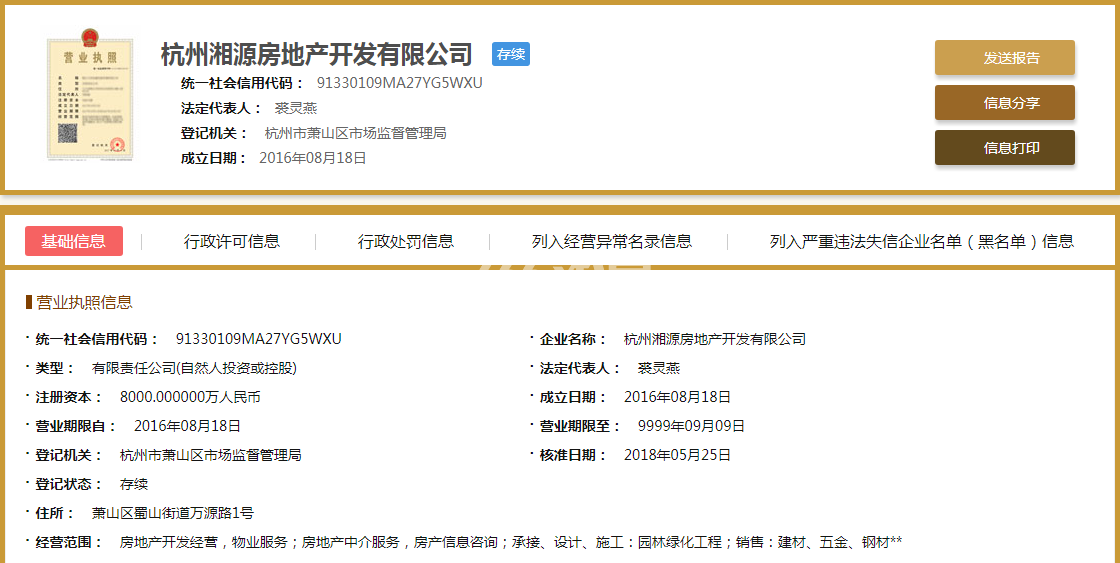 杭州湘源房地产开发有限公司营业执照信息