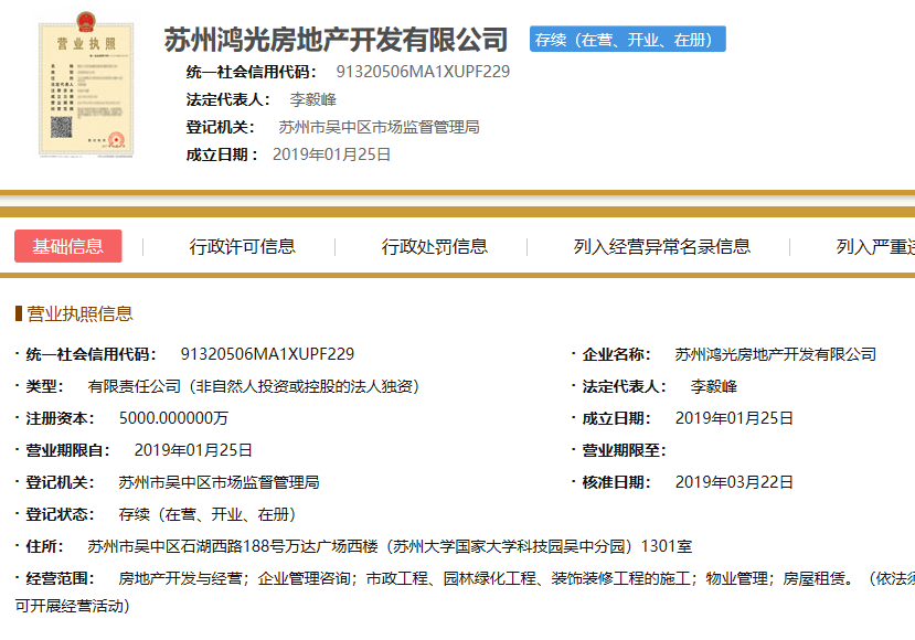 阳光城·檀苑项目开发商营业执照信息