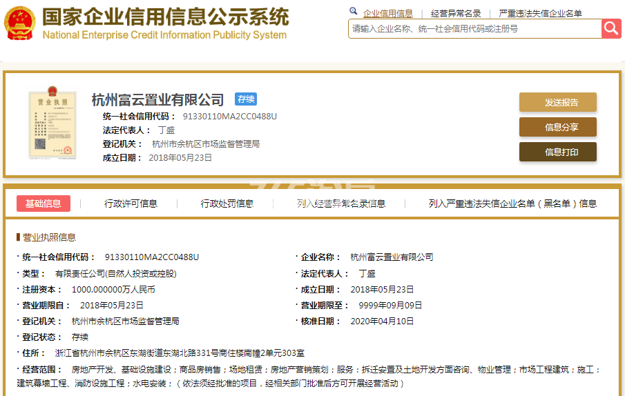 杭州富云置业有限公司（四季都会）营业执照信息