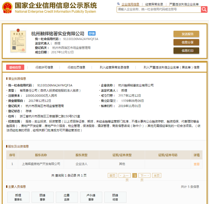 杭州融辉铭著实业有限公司（金辉紫雅云邸）营业执照