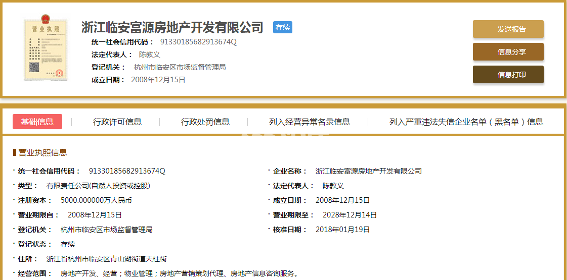 浙江临安富源房地产开发有限公司营业执照信息