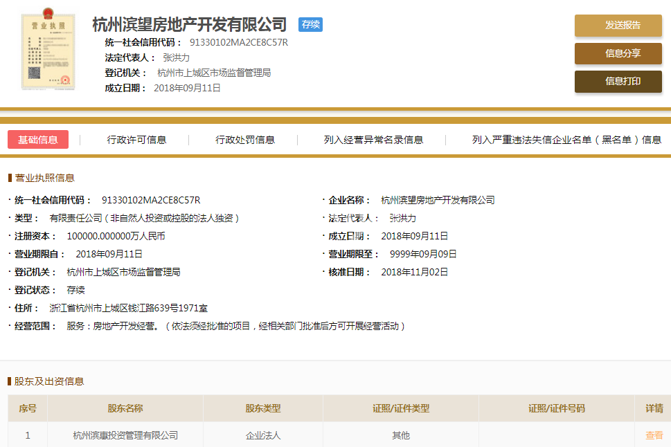 杭州滨望房地产开发有限公司（滨江金地御品）营业执照