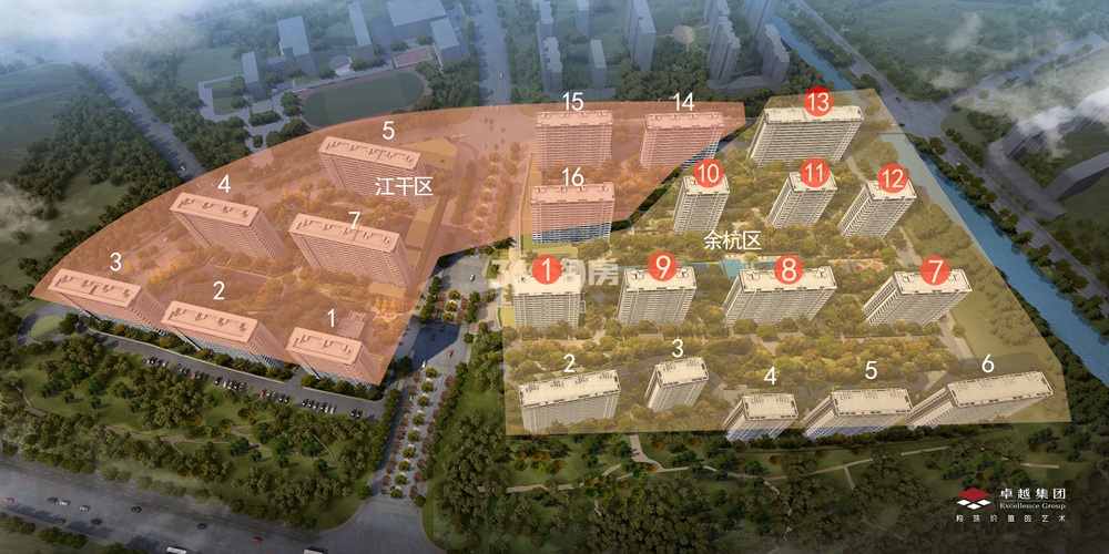 卓越蔚蓝领秀江干区、余杭区楼幢分布图