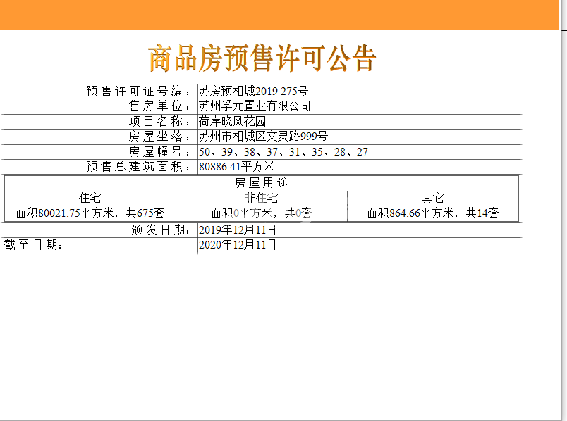 荷岸晓风（花园）50、39、38#等楼栋预售许可证