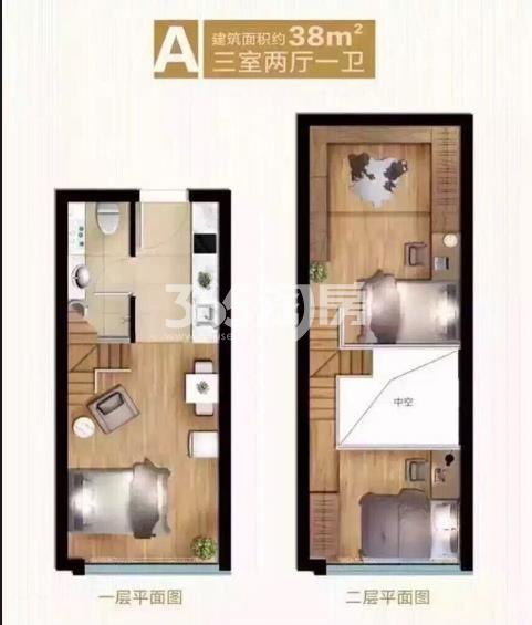 中巢起梦公园项目38方三室两厅一卫户型图