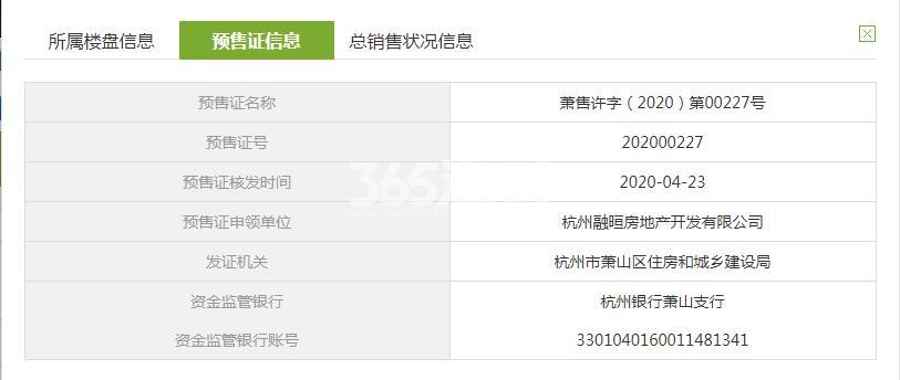 融信旭辉湘湖悦章21、22#预售证