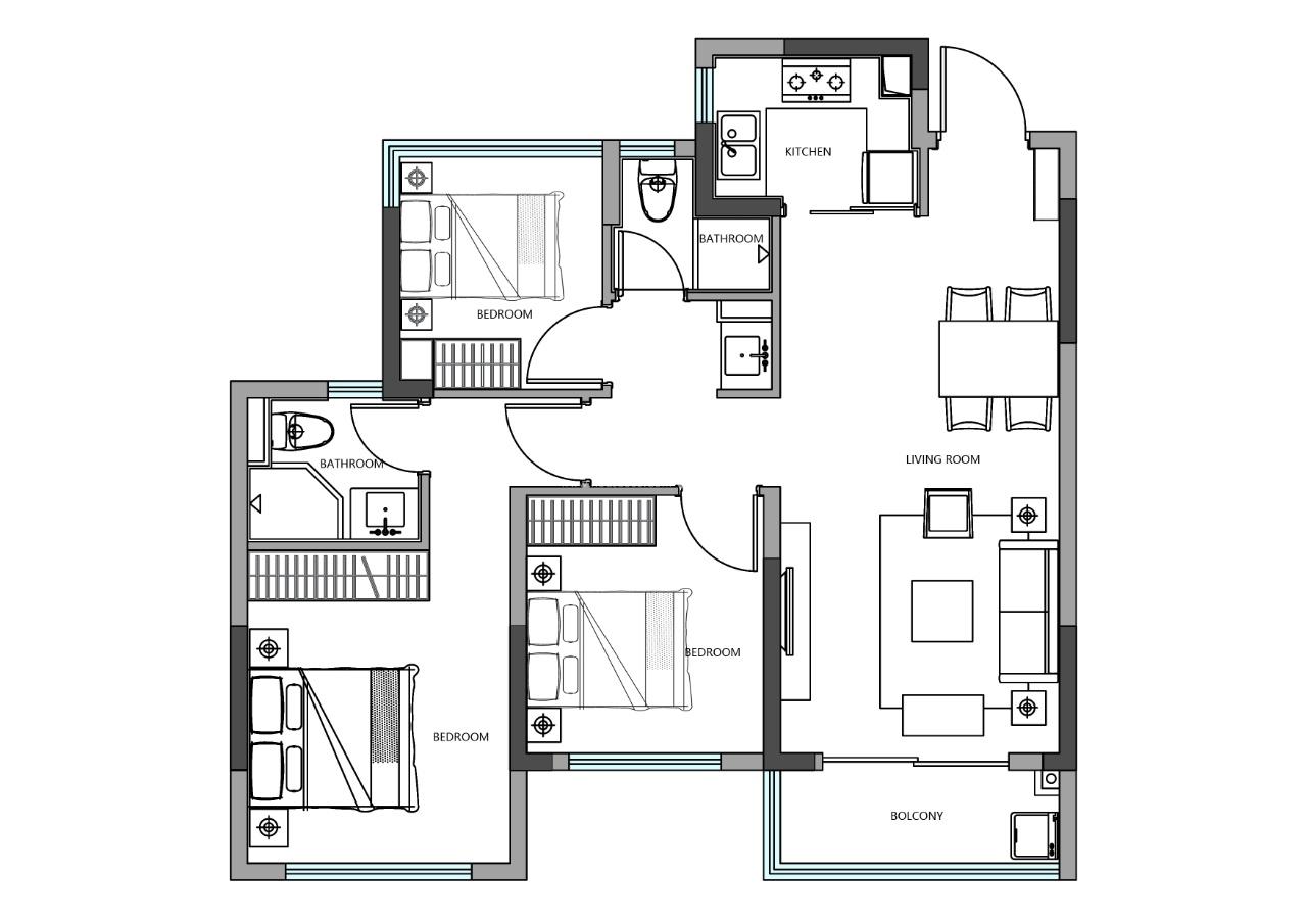 承安海格源翠府89方中间套户型装修示意图